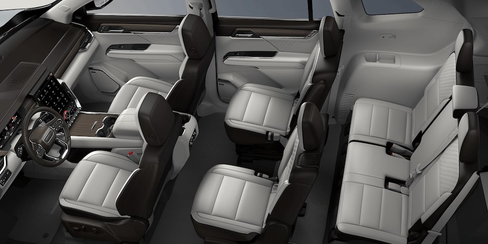 Top view of the 2024 GMC Acadia Denali interior: Sheer Grey/Very Dark Atmosphere.