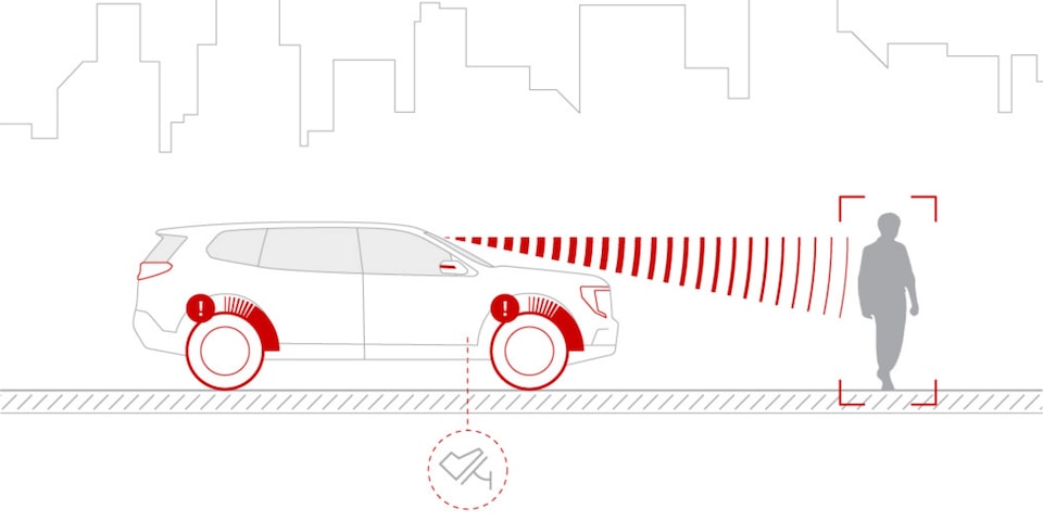 Illustration of the Front Pedestrian and Bicyclist Braking on the 2024 GMC Acadia.