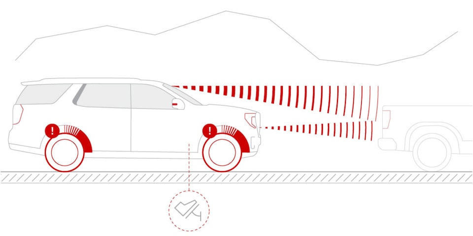 Illustration of the Enhanced Automatic Emergency Braking on the 2024 GMC Acadia.