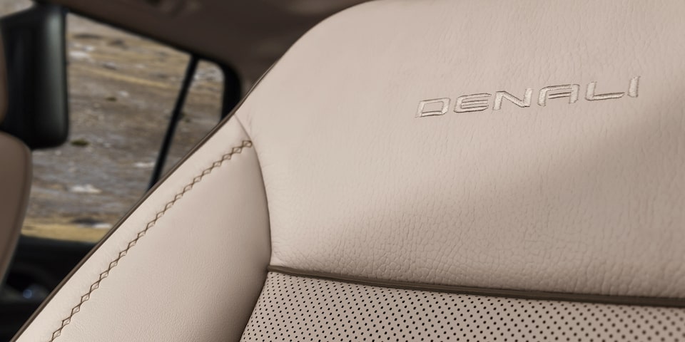 Closeup of the perforated leather stitching on the 2024 GMC Yukon Denali.