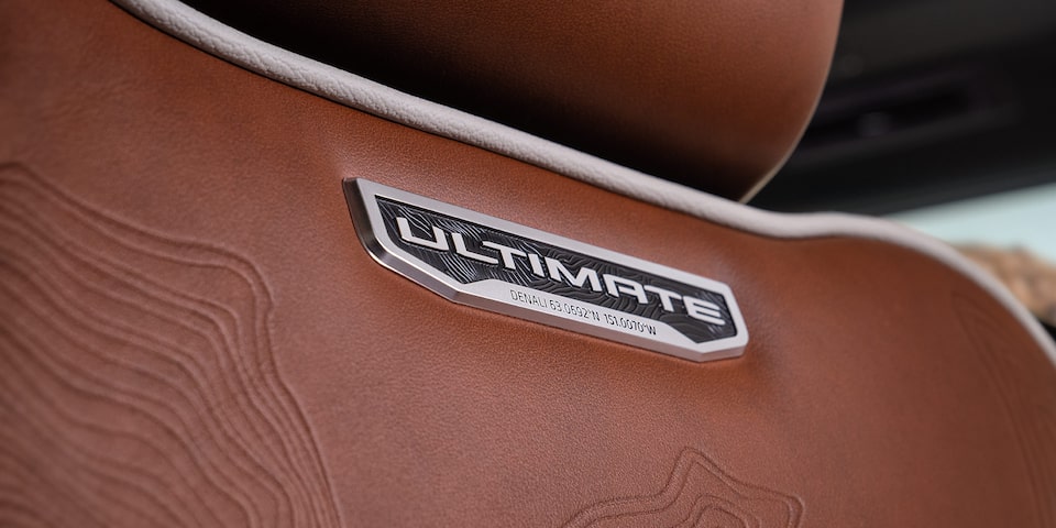 Closeup of exclusive front seat metal badging.