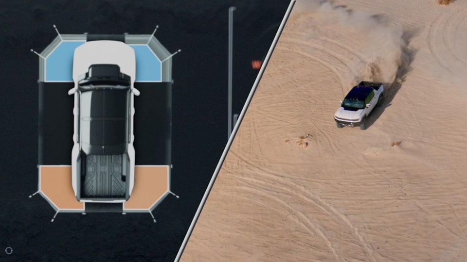 Overhead view of the 2025 GMC Hummer EV sensors with a side by side image of a Hummer EV off-roading in the desert.