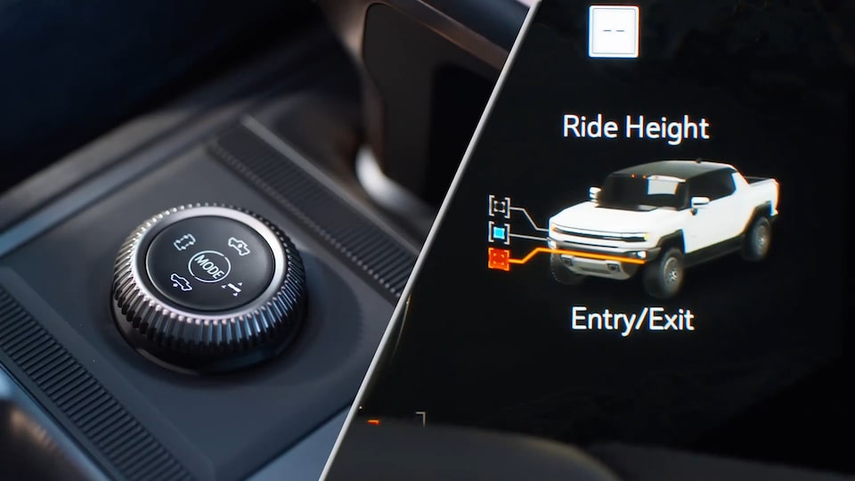 The 2025 GMC Hummer EV Driver Mode Control Knob and a graphic of the Air Ride Adaptive Suspension.