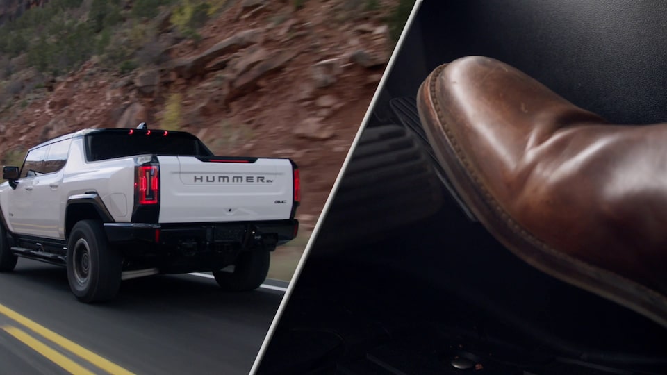 A picture collage of the rear end of a 2025 GMC Hummer EV driving and another image of a close-up of a person utilizing One Pedal Driving.