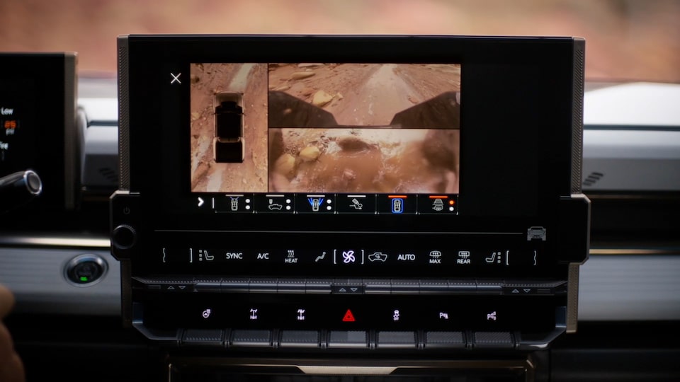 Close-up of the 2025 GMC Hummer EV Ultravision Top, Front, and Rear Camera Views on the Infotainment Screen.