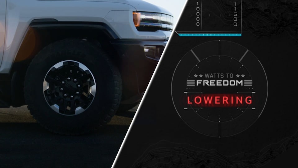 Close-up of the Wheel and Headlight on a 2025 GMC Hummer EV Truck with text overlay "Watts to Freedom Lowering".