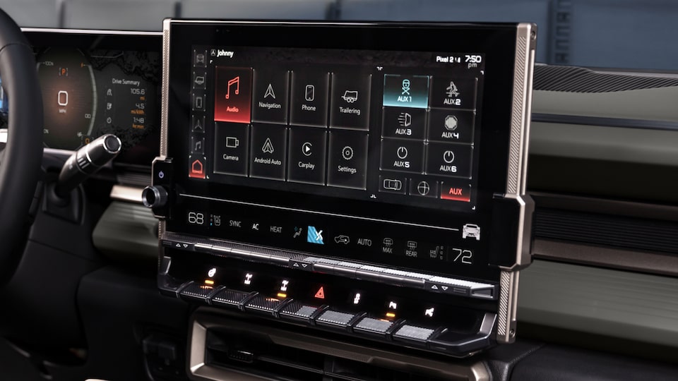 Close-up view of the 2025 GMC Hummer EV Infotainment Screen and CarPlay Options.