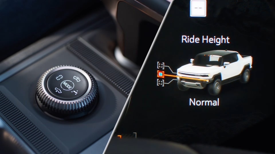 Split image showing the Extract Mode feature of the 2025 GMC Hummer EV SUV and the control knob.