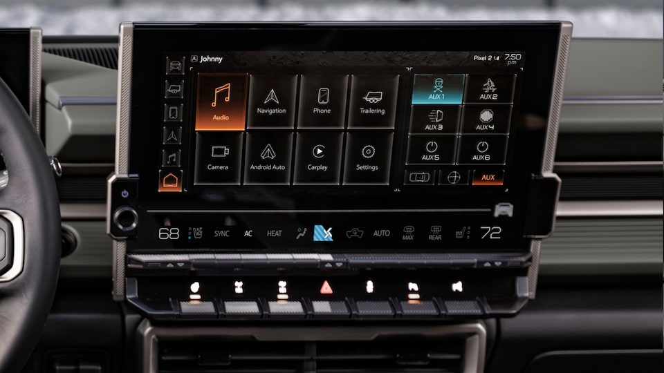 Display Panel showing all different functions such as Audio, Navigation, Camera, etc. for the 2025 Hummer EV SUV.