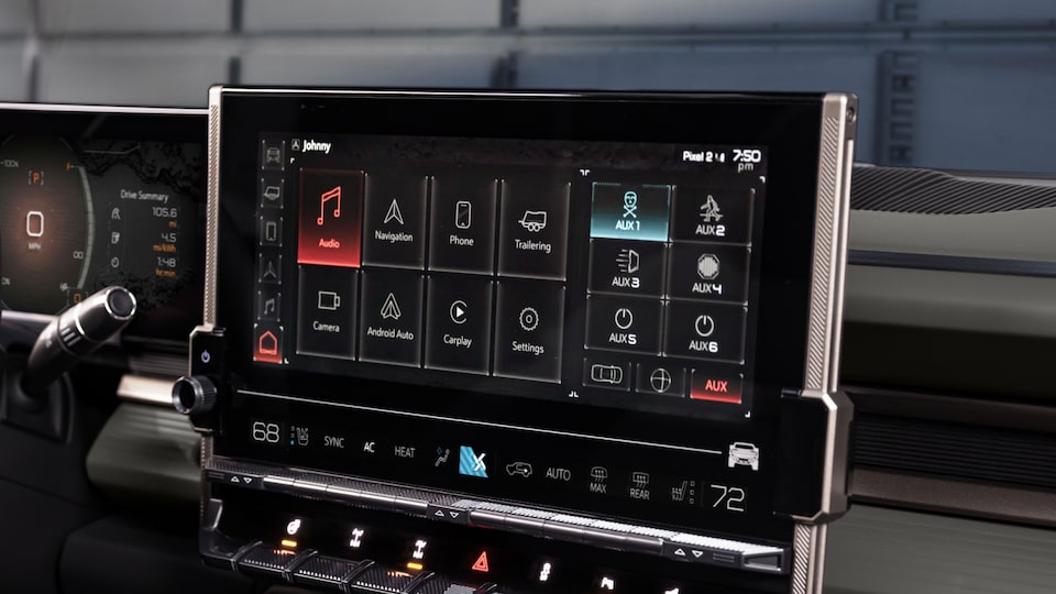 Display panel showing all different functions such as Audio, Navigation, Camera, etc. for the 2025 GMC Hummer EV SUV.