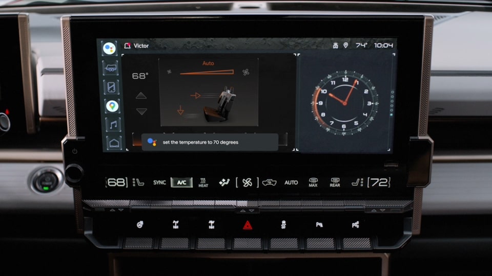 Display panel of the 2025 GMC Hummer SUV showing the Technology Feature of Google Built-in.