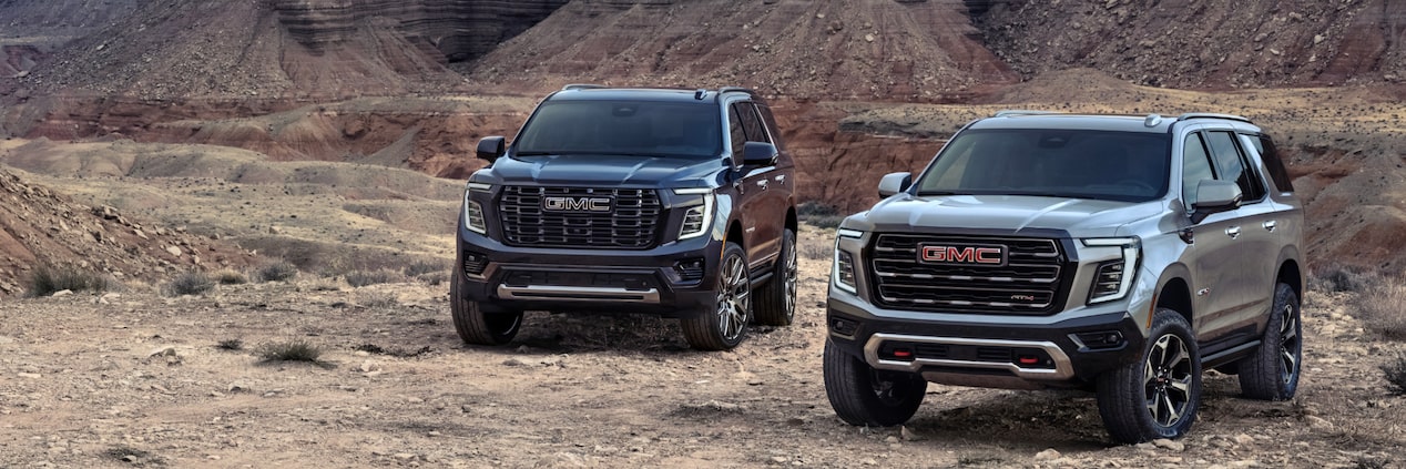 Deux VUS GMC Yukon 2025 stationnés devant un canyon.