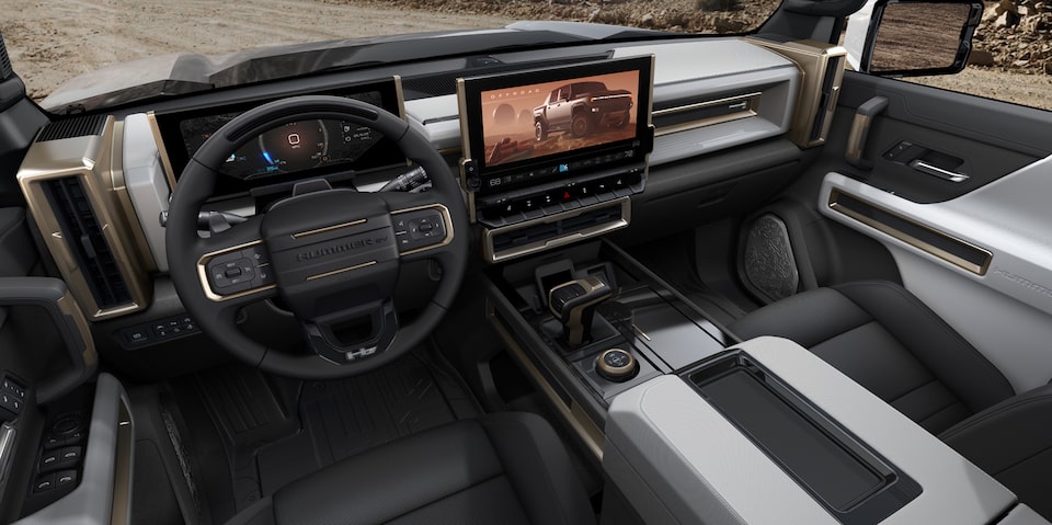 Overview of the front interior of the GMC Hummer EV Pickup.