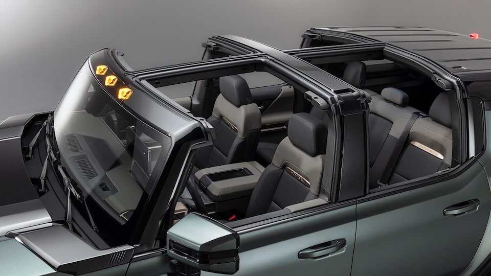 Close overview of the open roof of the GMC Hummer EV SUV.