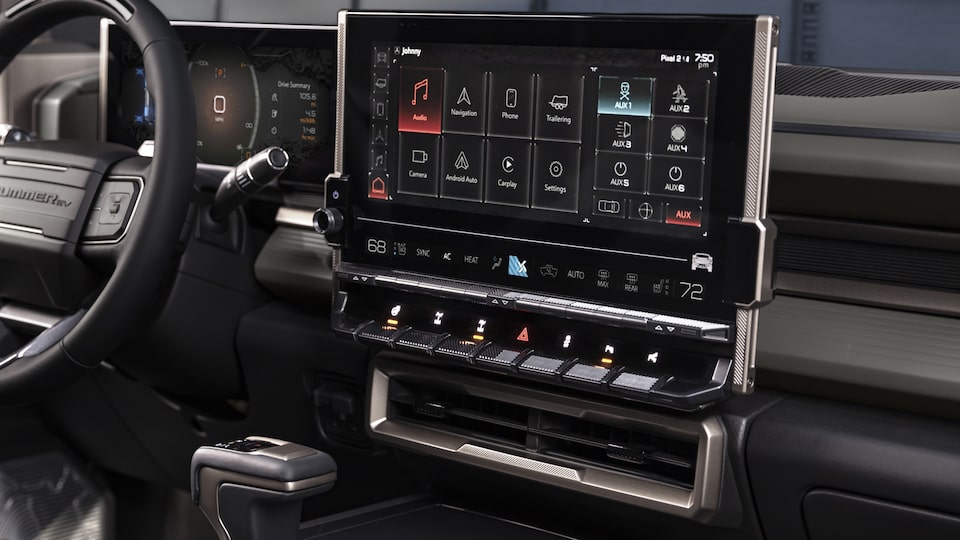 Customizable high-definition touchscreen of the GMC Hummer EV SUV centre console.