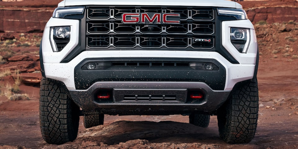 Front View of the Grille and GMC Badging on the 2025 Canyon AT4 Pickup Truck.