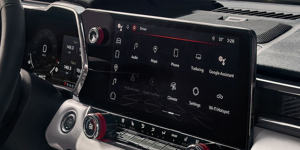 Close-up of the 2025 GMC Canyon AT4 Truck's Infotainment System Screen.