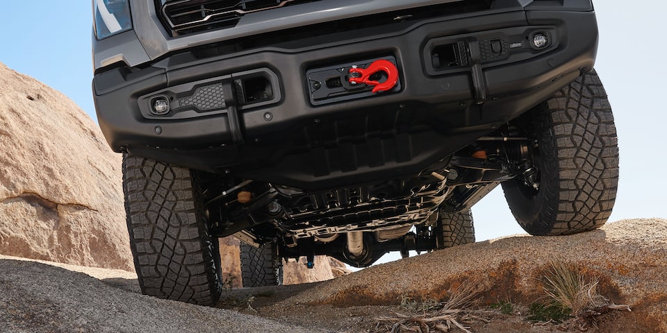 Close-up view of the trailer hook attached to the 2025 GMC Sierra HD AT4 truck.