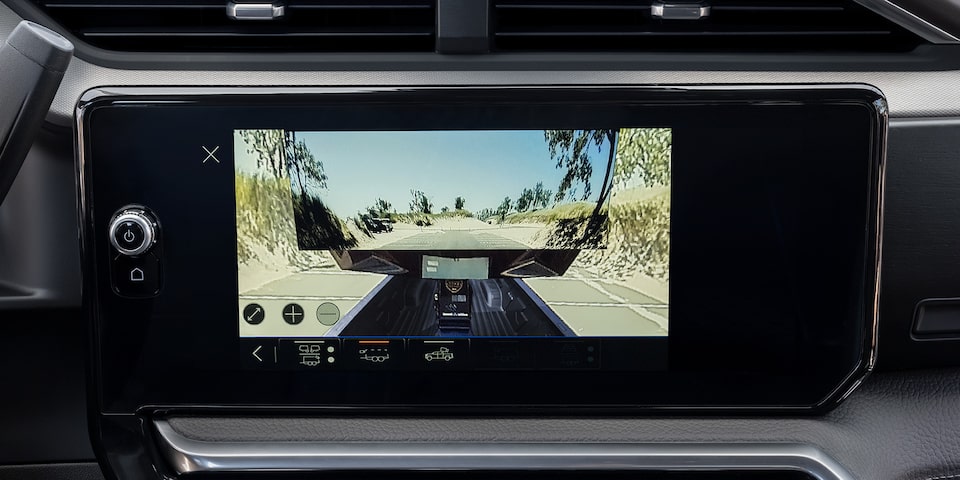 Transparent Trailer View being displayed in the infotainment screen of the 2025 GMC Sierra HD AT4 Truck.