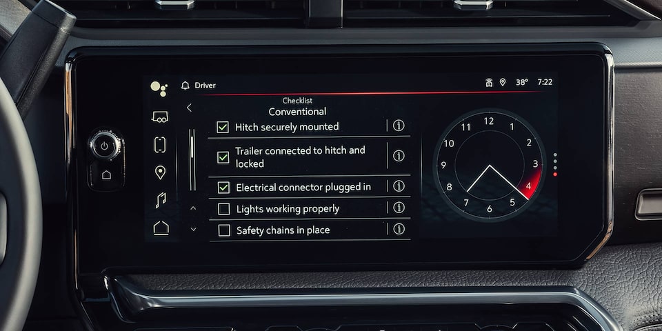 View of the Trailering Guide Checklist Shown on the Infotainment System in a 2025 GMC Sierra HD Denali Truck