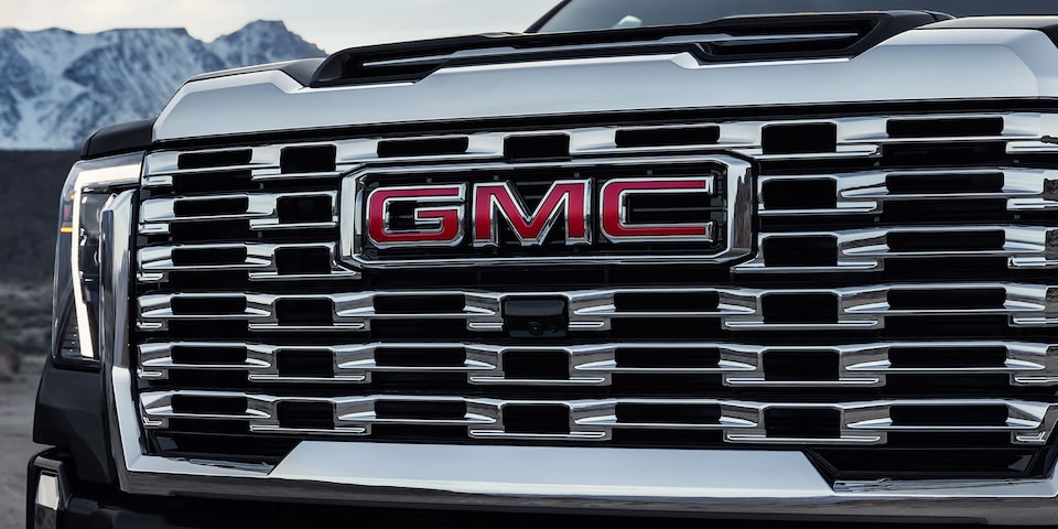 Close-up view of the front grilles on the 2025 GMC Sierra Denali Truck.