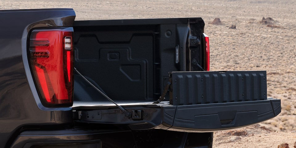 Close-up View of the lowered MultiPro Tailgate on the 2025 GMC Sierra Denali Truck.