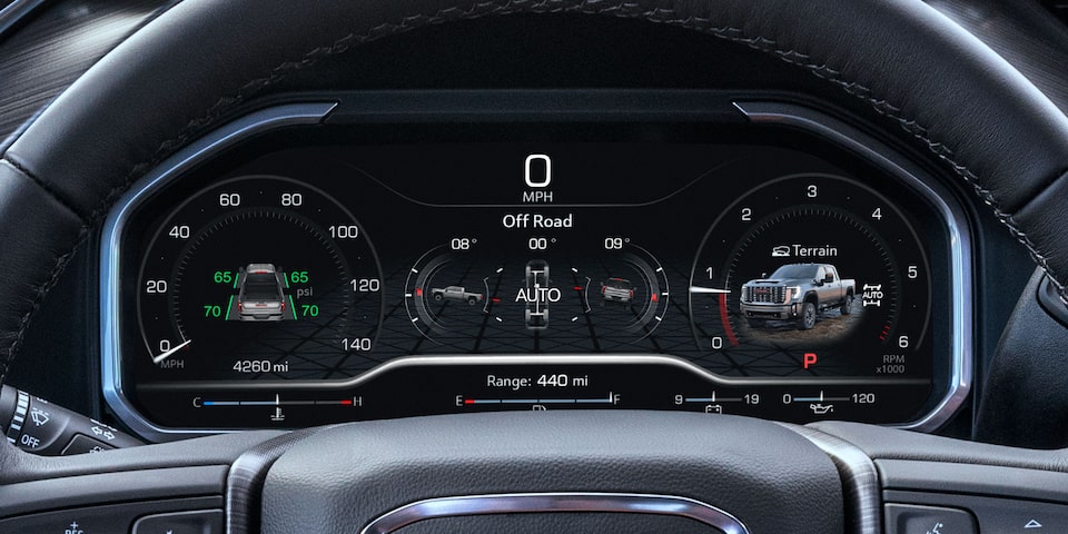 Close-up view of the Digital Cockpit in a 2025 GMC Sierra HD Denali Truck.