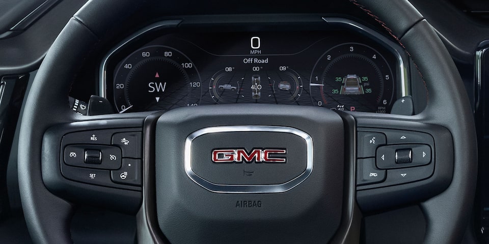 Close-up of the GMC Sierra 1500 Steering Wheel