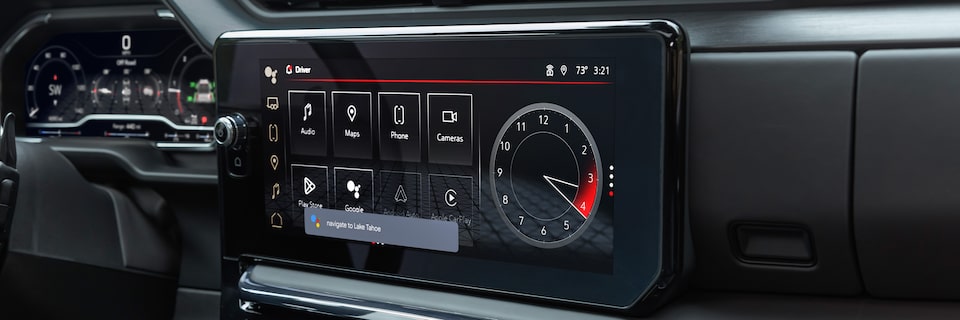 Close-up view of the 2025 GMC Sierra Denali premium Infotainment System and the Controls.