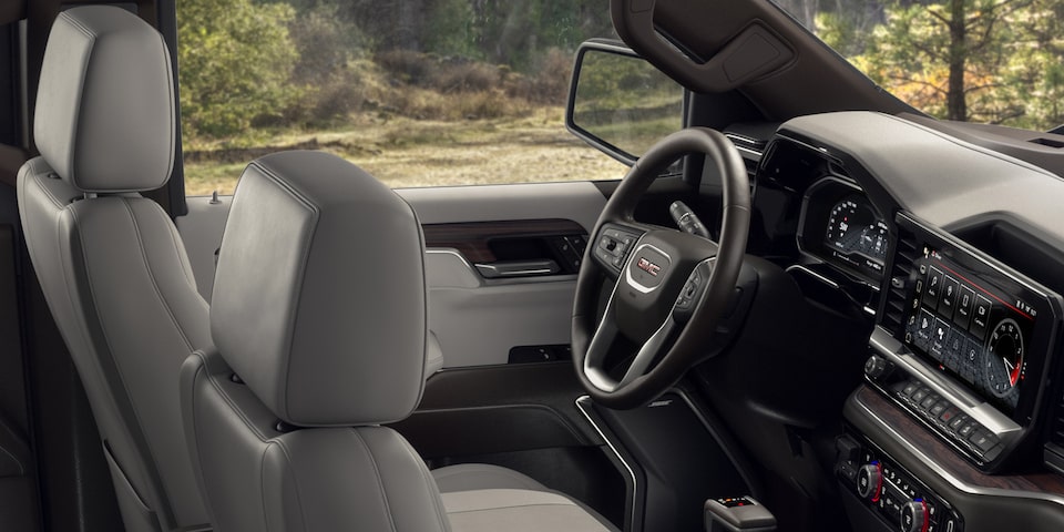 Close-up View of the Gray Interior Head Rests of the 2025 GMC Sierra 1500