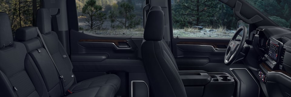 Side Interior View of the Black Leather Seats in the 2025 GMC Sierra 1500