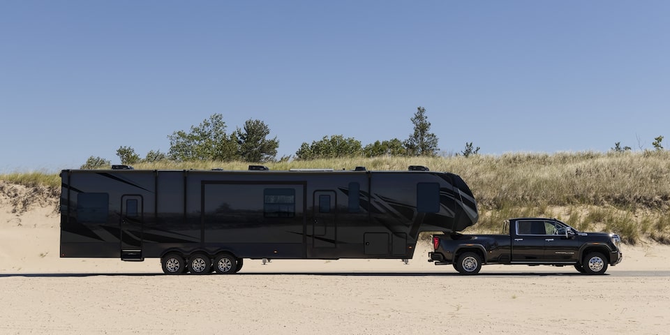 Right profile view of the 2024 GMC Sierra HD Denali world-class towing capability.