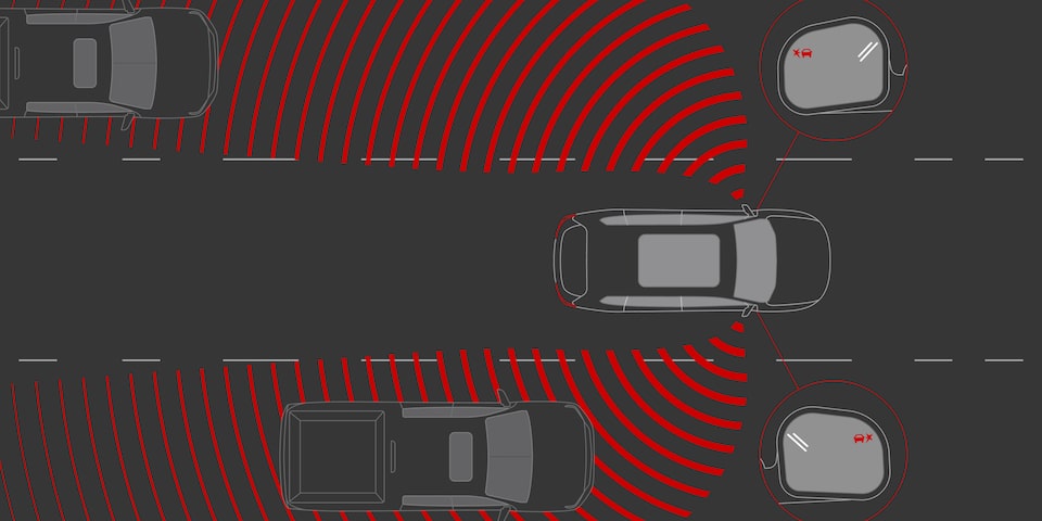 Illustration of the Blind Zone Steering Assist of the 2025 GMC Acadia AT4.