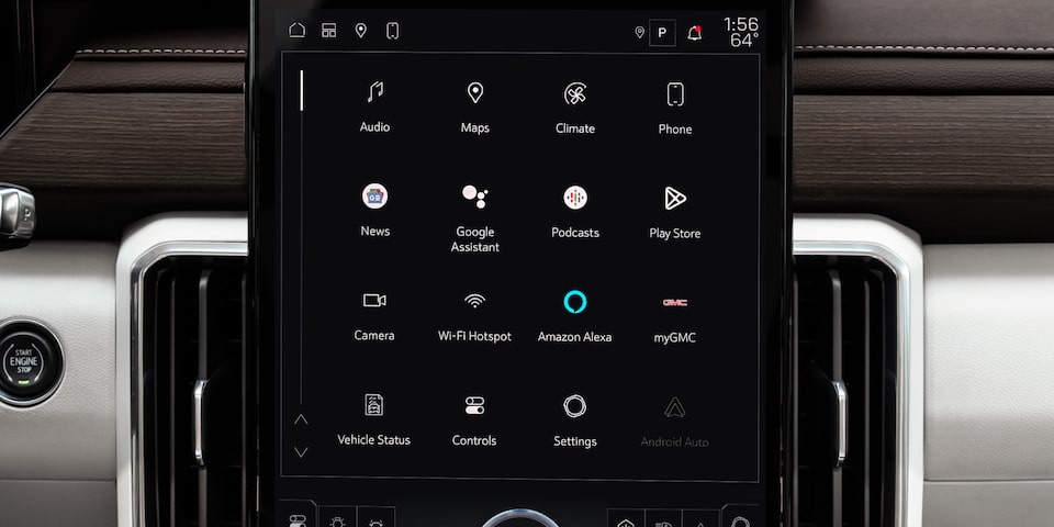 Close up view of the infotainment screen of the 2025 GMC Acadia Denali displaying the main menu.