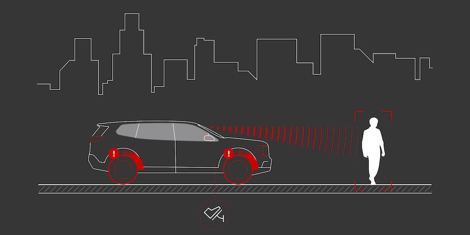 Illustration of the Front Pedestrian and Bicycle Braking feature of the 2025 GMC Acadia Elevation.