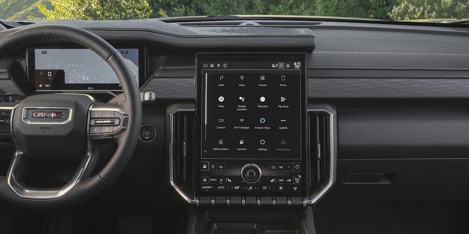 Close up view of the infotainment screen on the 2025 GMC Acadia Elevation.