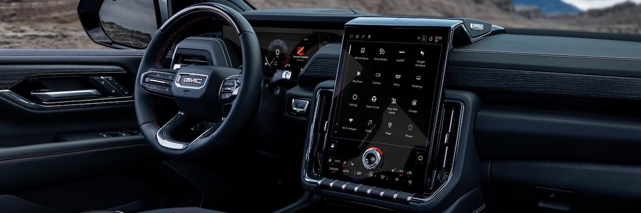 Front passenger's view of the 2025 GMC Yukon Steering Wheel and Infotainment System.