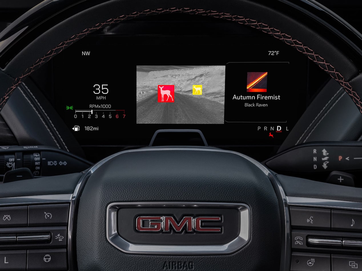 Close-up view of the 2025 GMC Yukon dashboard displaying Night Vision.