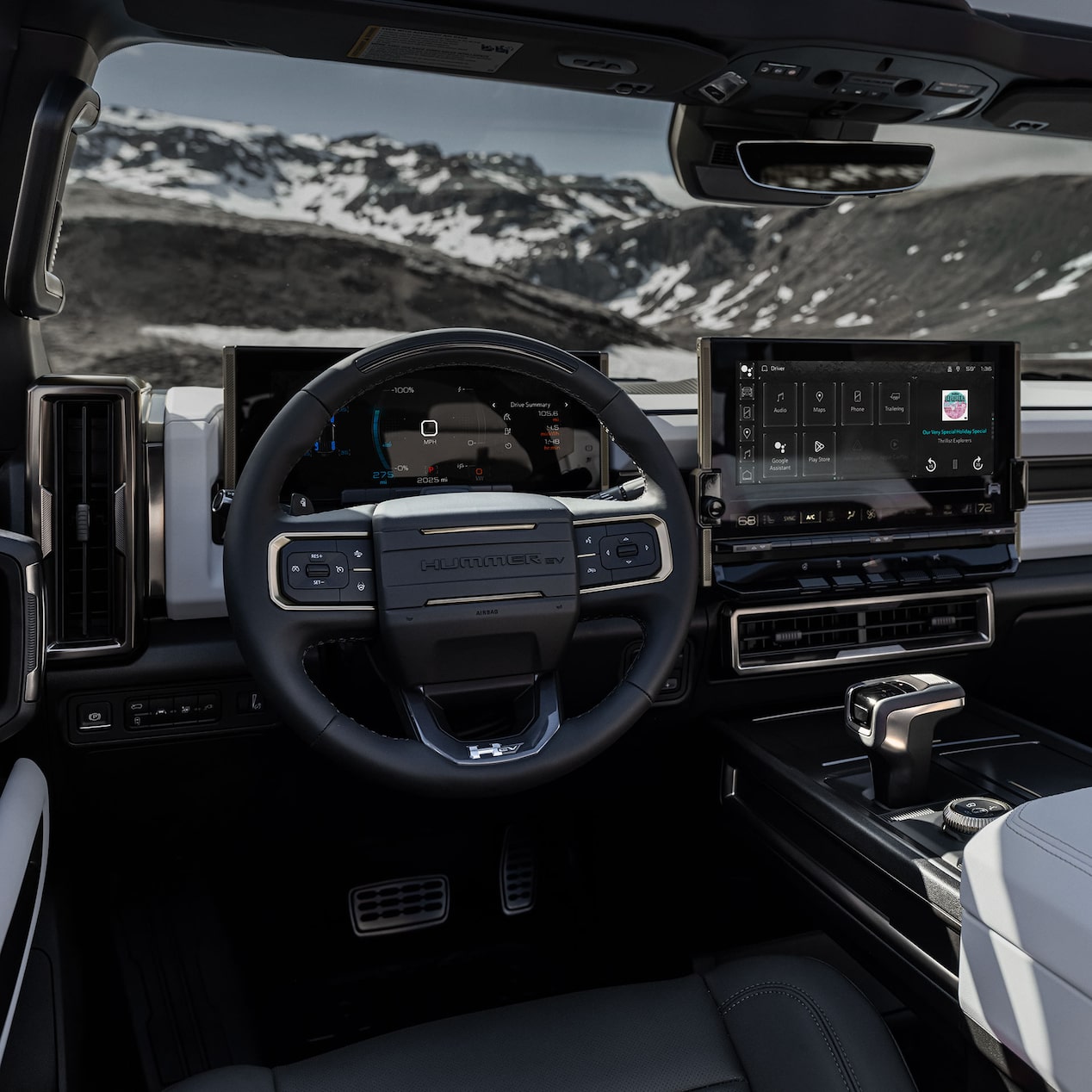 Driver's view of the front interiors of the GMC HUMMER Electric Truck.