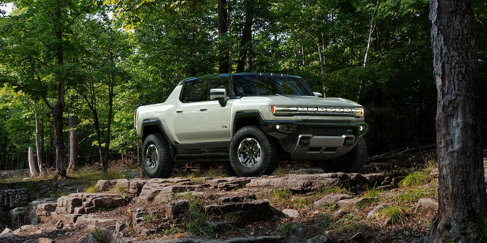 Camion GMC Hummer EV dans une vue panoramique, au sommet d’une petite falaise dans une forêt.