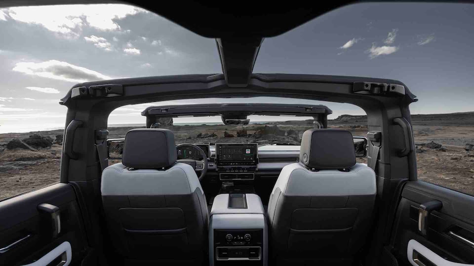 Front view of the 2025 GMC Hummer EV Pickup Truck with its infinity roof