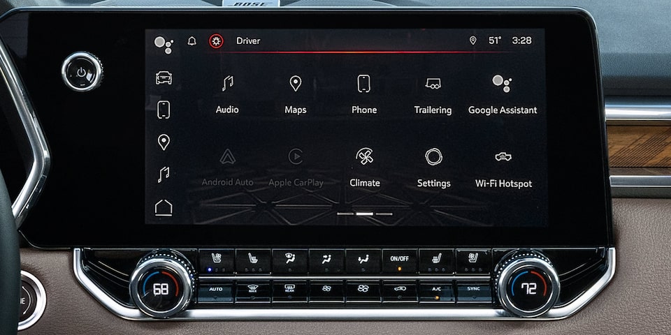 Close-up of the 2025 GMC Canyon Denali Truck's Infotainment System Screen.