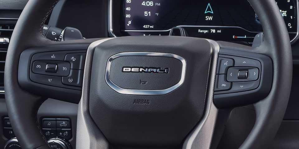 Close-up of the Sierra Denali Luxury Pickup Truck Steering Wheel