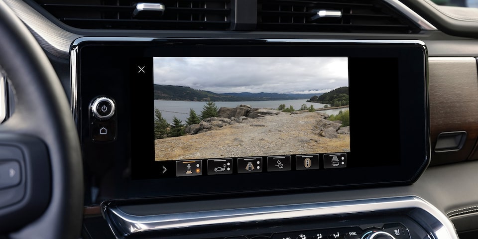 Close-up of the Infotainment System Displaying one of the Fourteen Camera Views on the 2025 GMC Sierra 1500