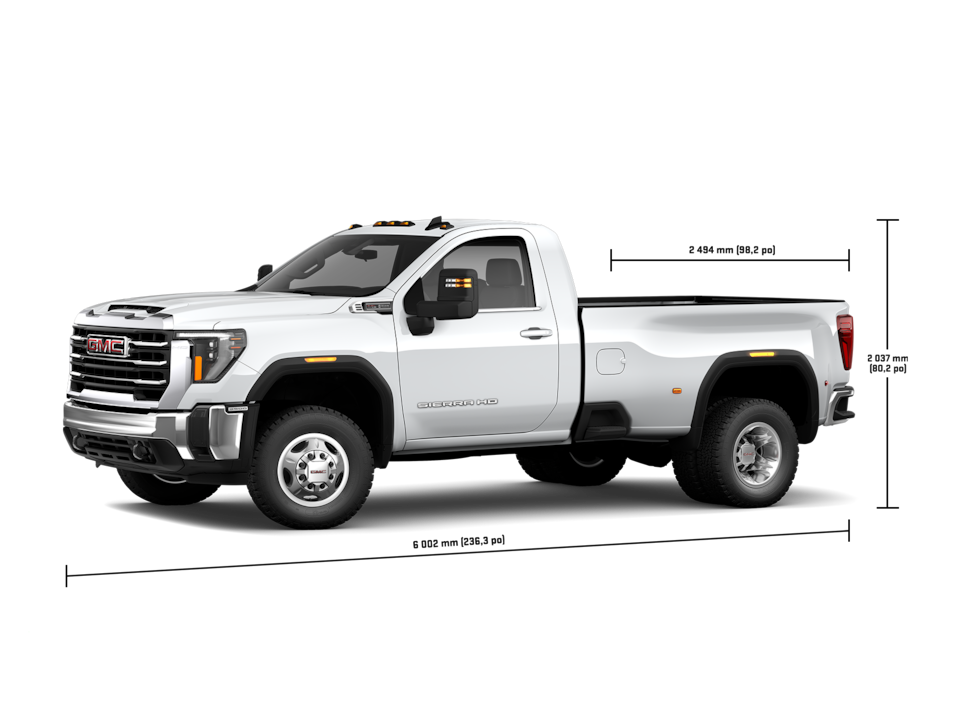 Spécifications du GMC Sierra HD 3500 2024 à cabine classique.