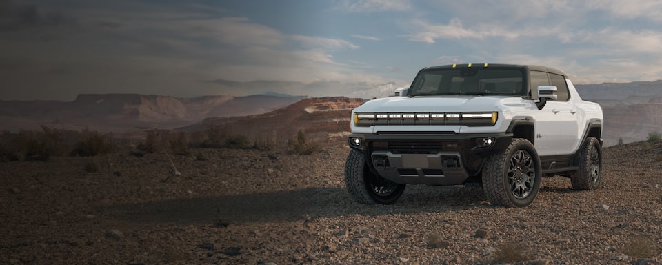 Front Three-Quarter View of a White GMC HUMMER EV Pickup Truck