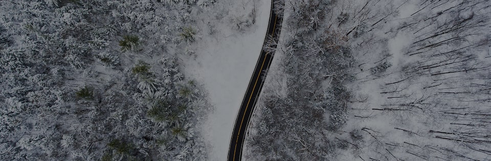 Birds-eye View of a Road Running Through a Green Forest Along a Winding River